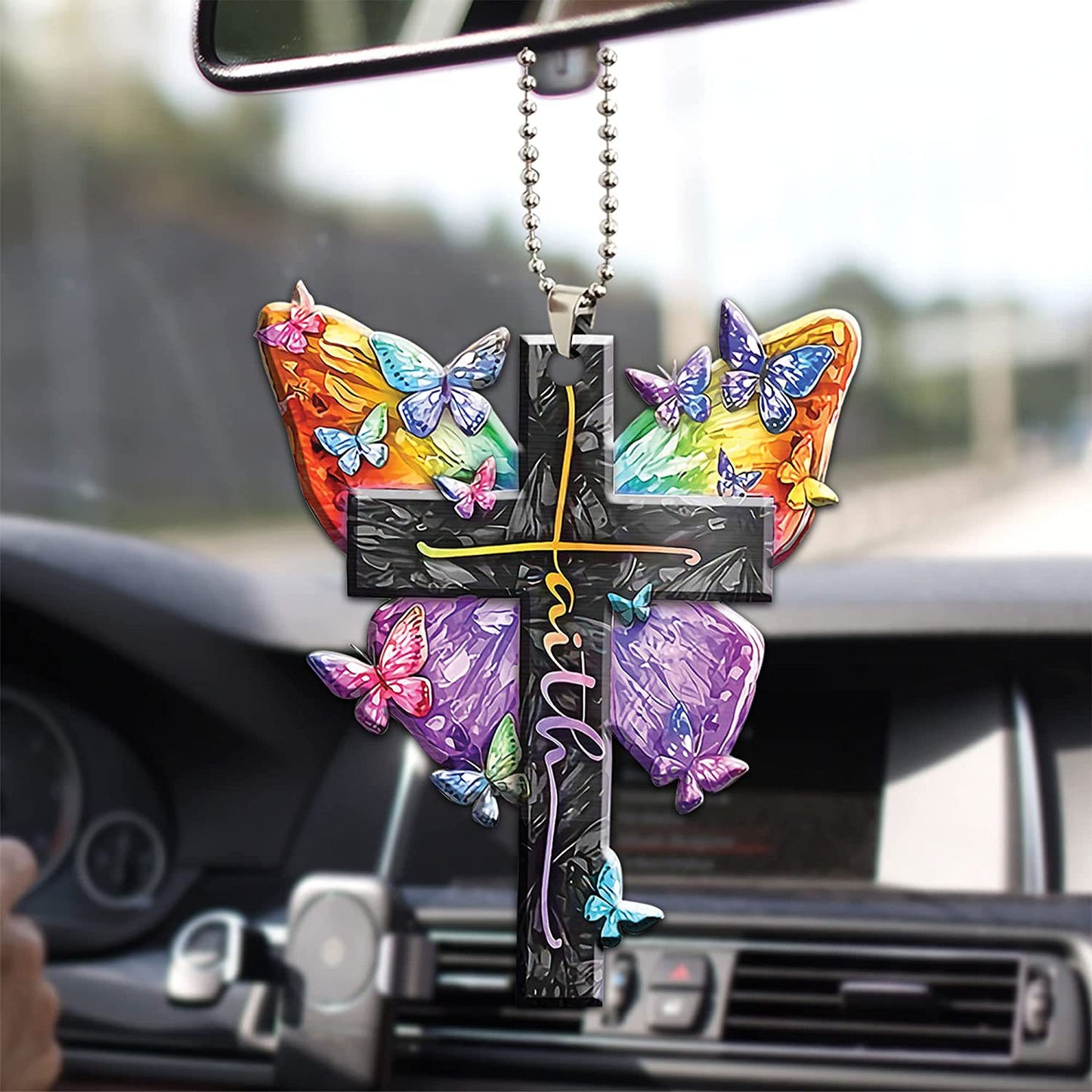 Butterfly Cross Car Mirror Pendant